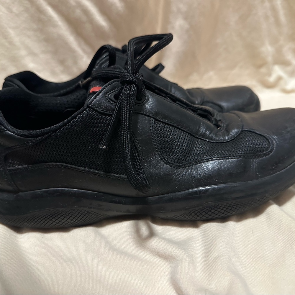 Prada America’s cup Men's Black Leather & Mesh Sneakers with Red Stripe - Picture 2 of 16
